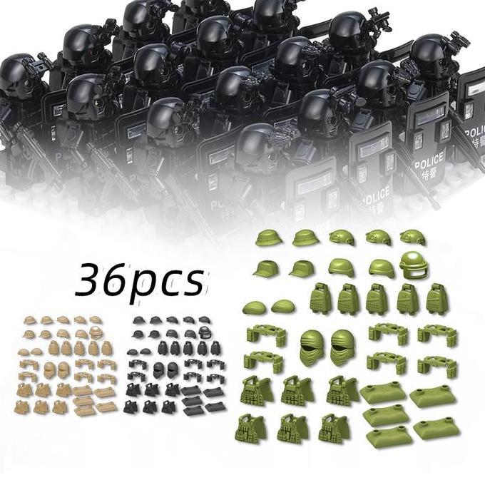 36PCS/Tas Mini Mainan Brick Militer Assesoris Set Lengkap Military Sandbag Helm Rompi Swat ARMY Mini