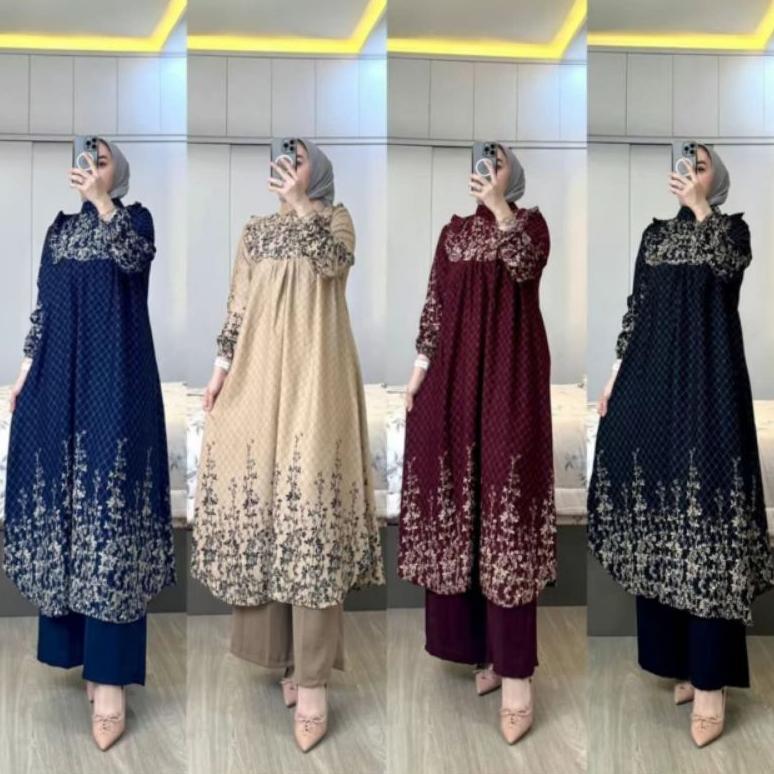 BESTPROMO SETELAN TUNIK PANJANG KIRANIA// ONE SET LONG TUNIK RAYON DIAMOND CELANA KULOT CRINKLE SEMI