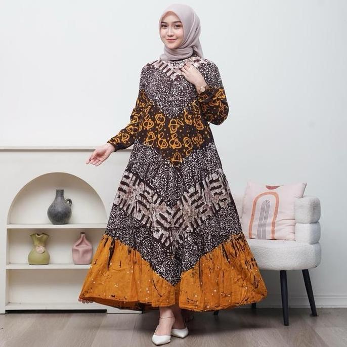 Gamis Bardan Rayon Model Susun Cap Malaman Wanita Dewasa Kondangan Muslim Batik Tebal Kerah