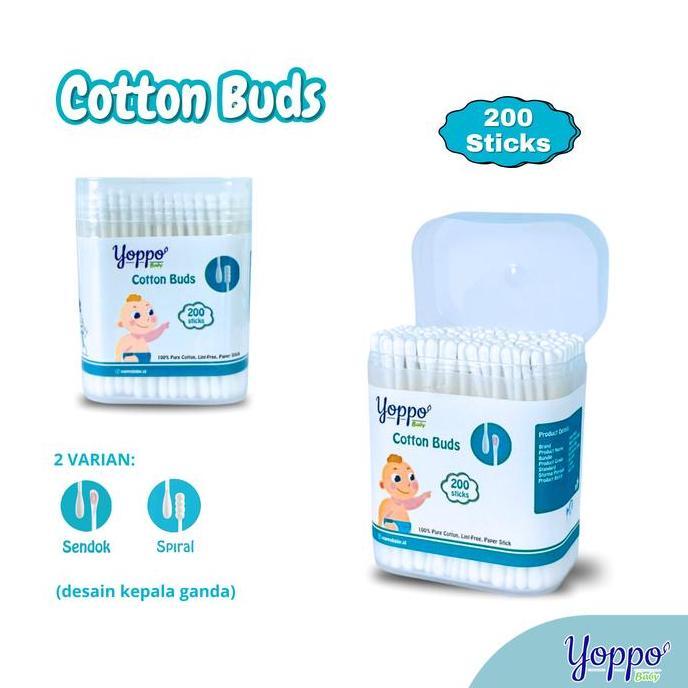 Beb - Yoppo Baby - Cotton Bud 200 Pcs / Cotton Bud Sendok / Cotton Bud Spiral Bayi