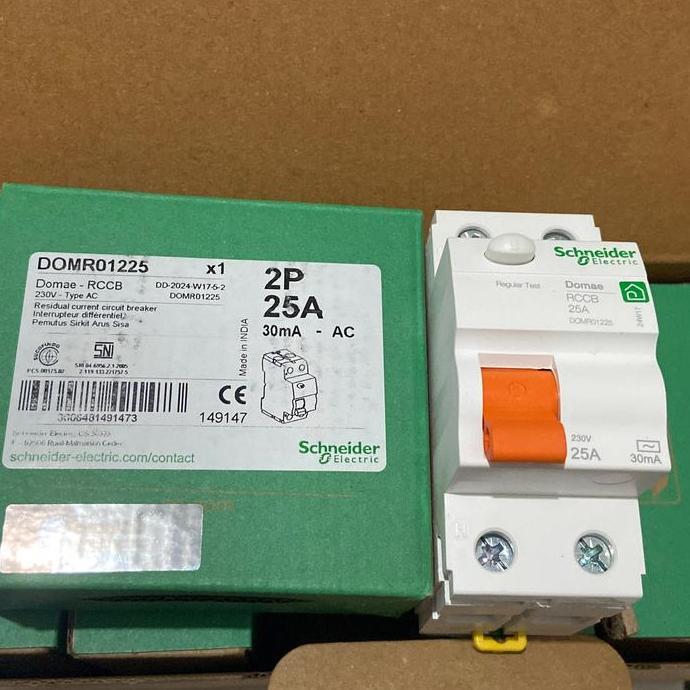 Schneider RCCB 2P 25A 30mA Domr01225 Alat Perlindungan Listrik Rumah Tangga & Gedung Kualitas Baik