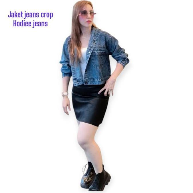 Jaket Jeans Hodie Wanita Lengan Panjang Crop Top Denim Premium Outer Oversize Tebal Nyaman