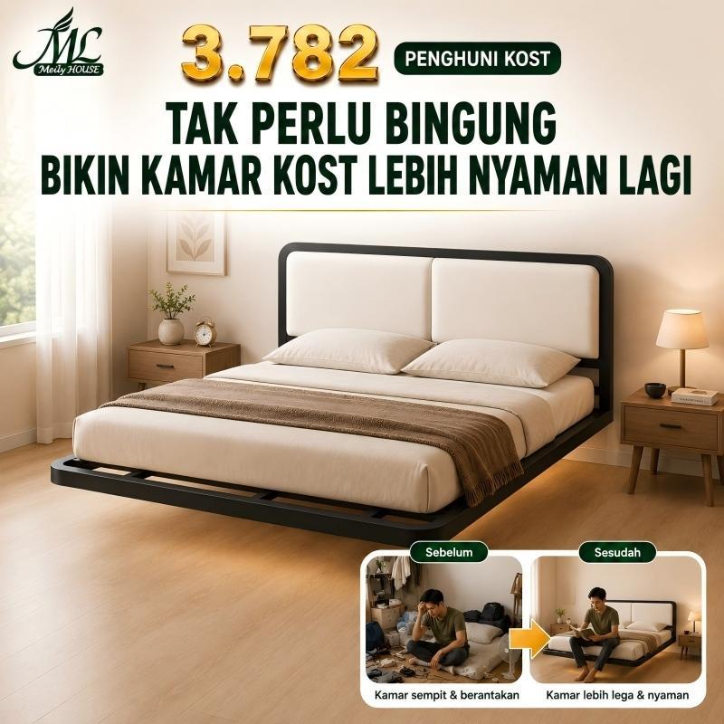 Ranjang Besi Minimalis Sandaran Empuk Dipan Besi Melayang Hitam 100 120 180X204