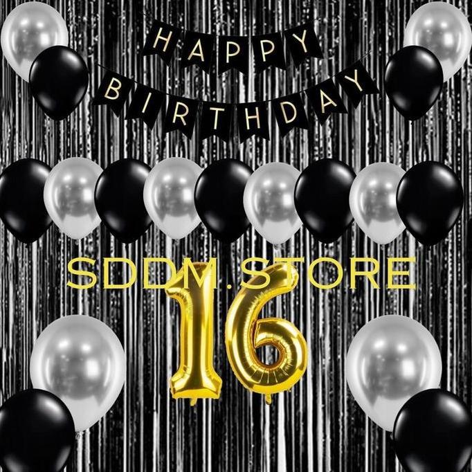 Paket Dekorasi Acara Pesta Ulang Tahun Banner Tirai Hitam Balon Lengkap Gratis Balon Angka Ulang tah