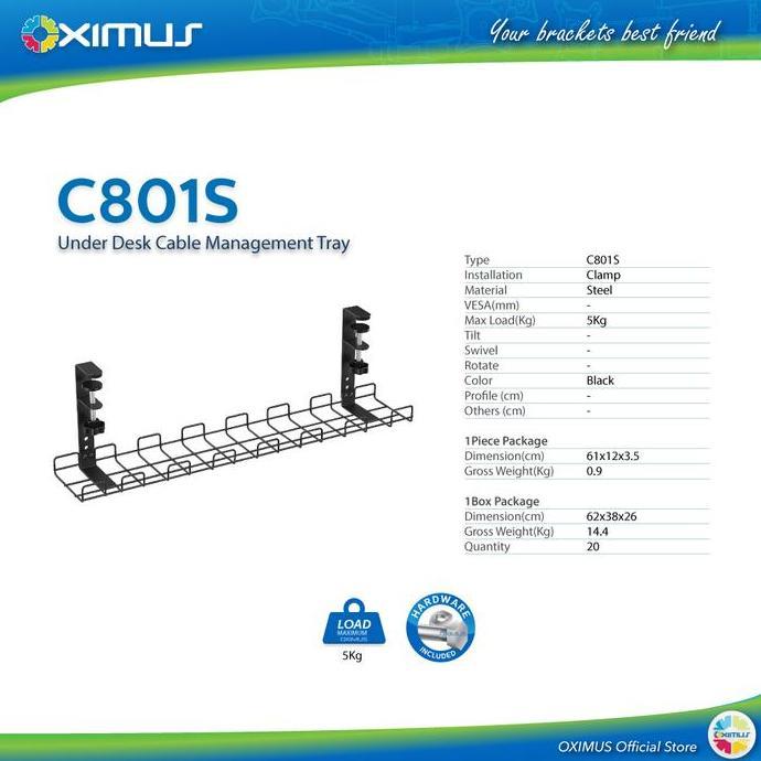 Oximus C801 Compact Clamp-On Under-Desk Cable Management Tray Rak Kabel Meja Jepit Tanpa Bor, Pemasa