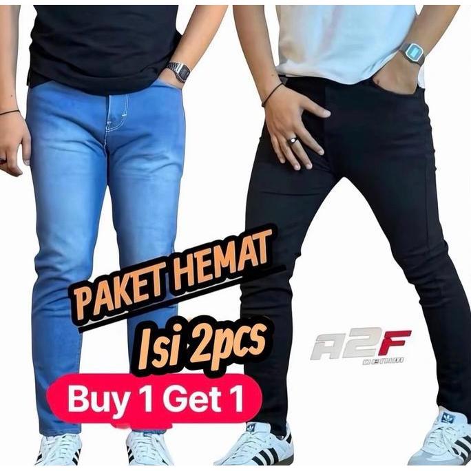 PROMO A2F-PROMO Paket Hemat 2PCS Celana Jeans Panjang Pria Slimfit Dewasa Melar Celana Hitam Nyaman 