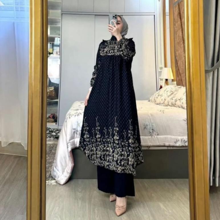 Hot Product Setelan Tunik Panjang Kirania// One Set Long Tunik Rayon Diamond Celana Kulot Crinkle Se
