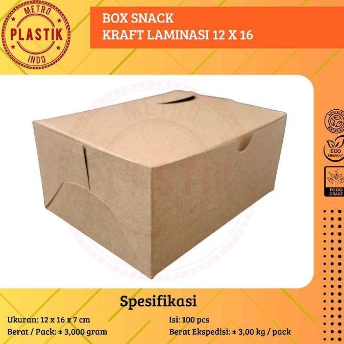 Send- 100Pcs Box Snack Dus Kraft Laminasi Coklat 12X16 / Dus Kotak Kue Roti Kraft Laminasi Coklat 12