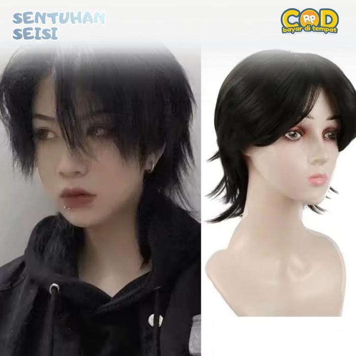 Bisa COD Wig Pria Rambut Palsu Mullet Wig Cosplay Gaya Jepang Wig Ekor Serigala