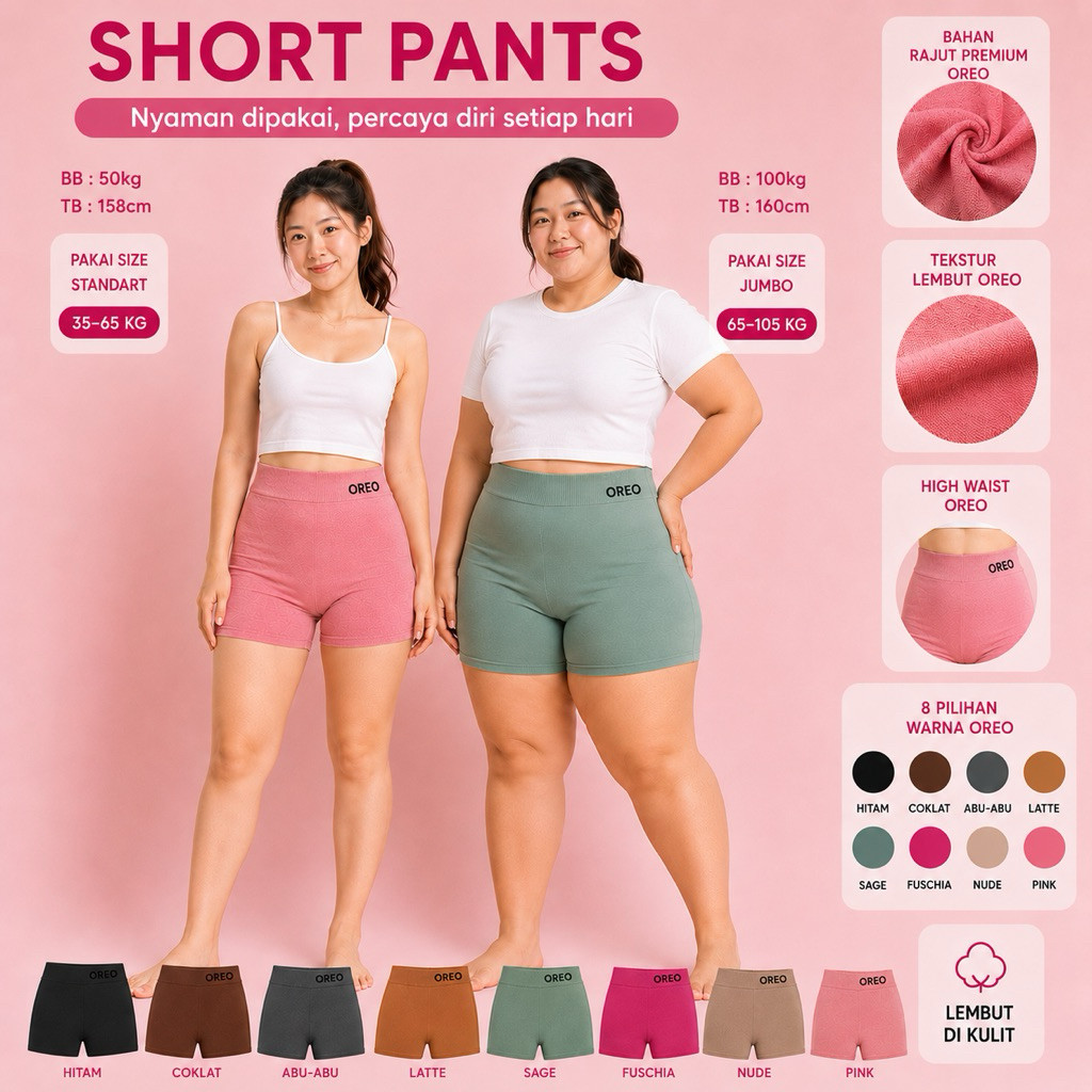 (1PCS) 35-110KG Shot Wanita Rajut  Lembut, Nyaman, Panjang Pendek, Ukuran Standar & Jumbo