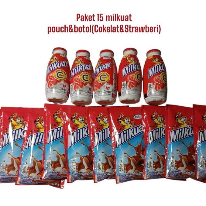 Leite - Paket 15 Milkuat(5 Botol Susu Milkuat Jeruk/Stroberi  65Ml + 10 Pcs Susu Milkuat Bantal Coke