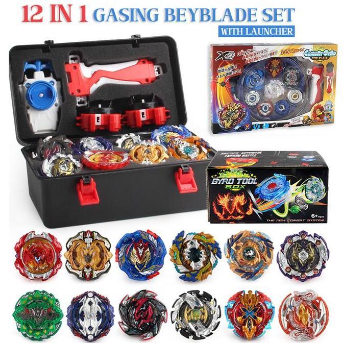 BM- 12Pcs Gasing Mainan Anak Spinning Tops Launcher Gyro Toy Set Battle Gyro Game Set dengan 12 Mode