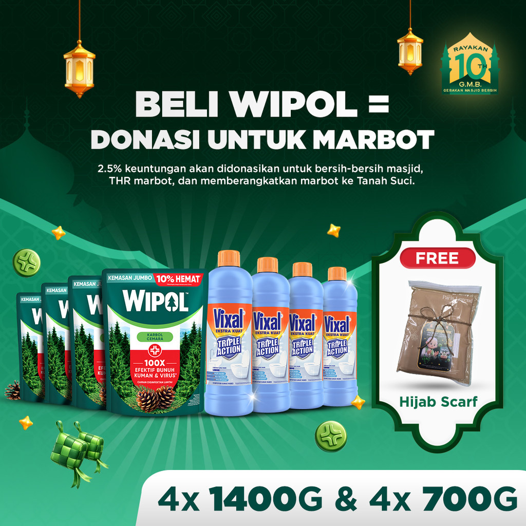 Beli 4 Wipol Karbol Lantai Cemara 1400g dan 4 Vixal Ekstra Kuat 700g GRATIS Hijab Paris Legend