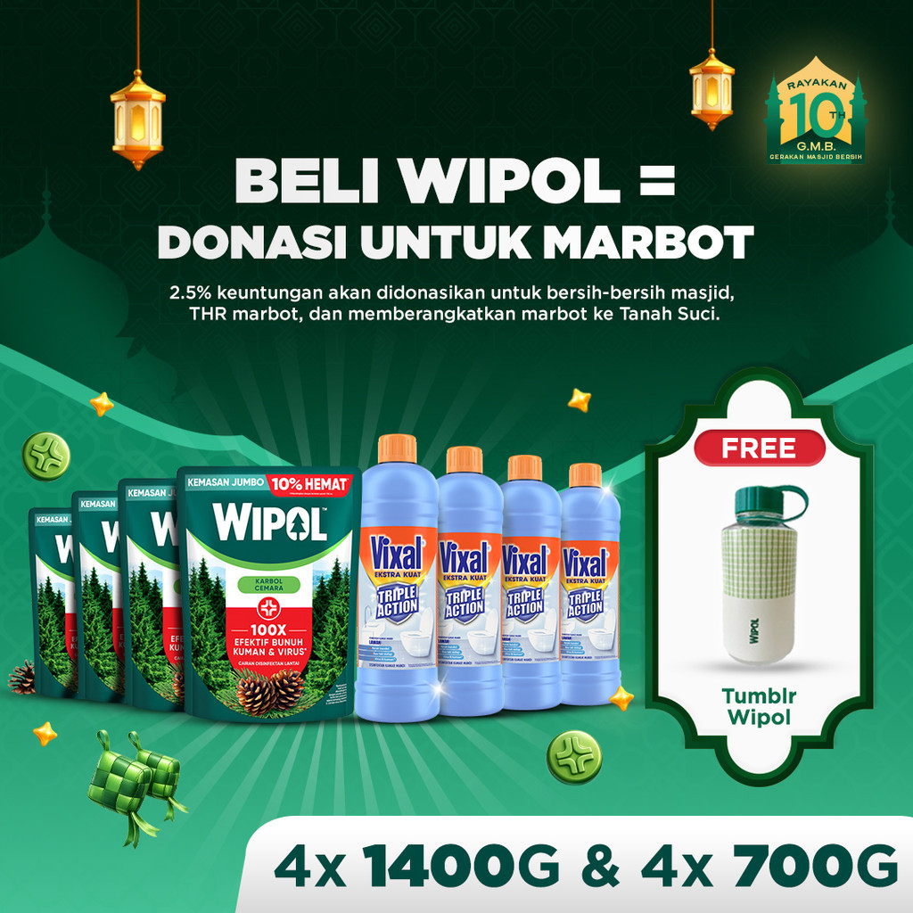 Beli 4 Wipol Karbol Lantai Cemara 1400g dan 4 Vixal Ekstra Kuat 700g GRATIS Tumbler Lucu Wipol