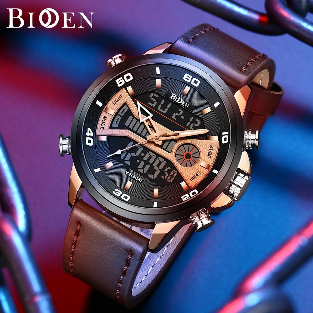 BIDEN Jam Tangan Pria 1934 Olahraga Analog&Digital Anti Air Tali Kulit Jam Tangan Cowok Bercahaya