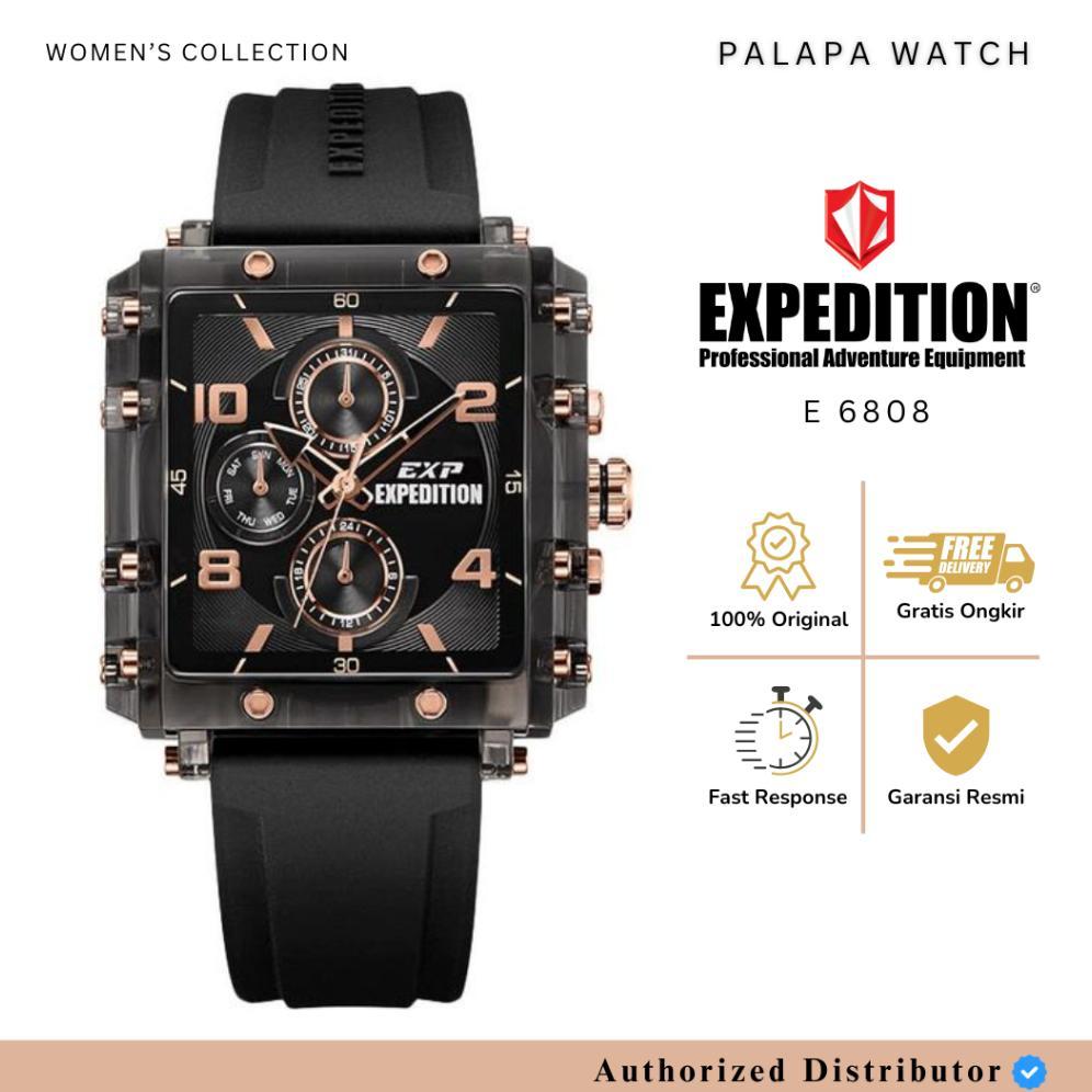 Jam Tangan Wanita Expedition E 6808 / E6808 Full Black List Rosegold Rubber Original