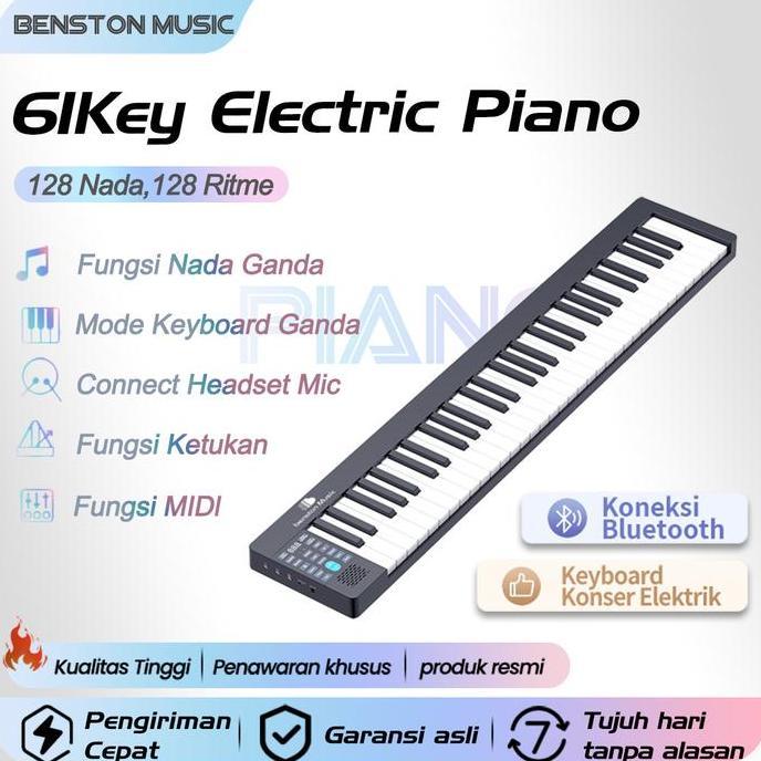Vejra.id - Benston Music - piano profesional 61 tombol, piano listrik pintar, keyboard portabel blue