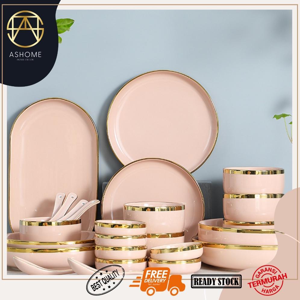 Piring Makan Keramik Light Pink Gold / Piring Light Pink Keramik List Gold / Mangkuk Keramik Light P