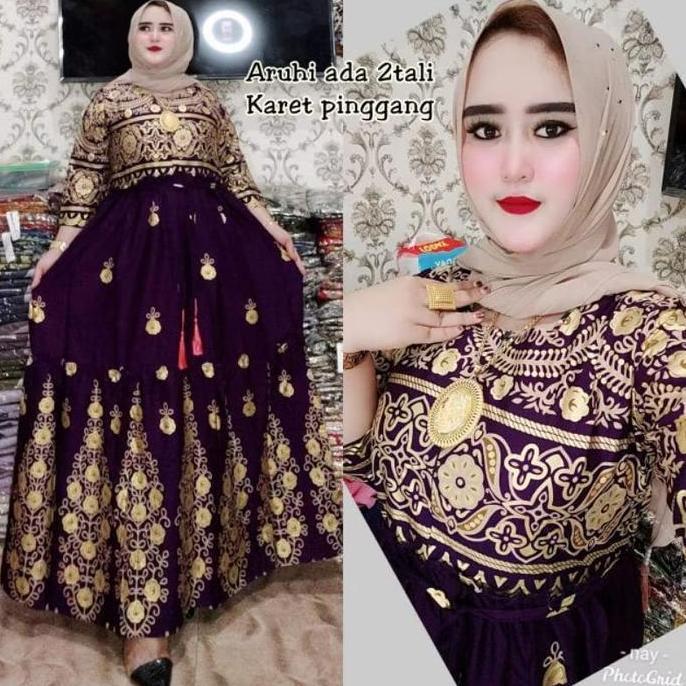 Gamis India Aruhi Viral Katun Rayon Motif Muslim Panjang, All Size Standart & Jumbo LD 110120 PB 135