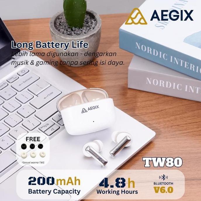 Tws Aegix Tw80 Bluetooth 6.0 Headset Wireless Stereo Bass Enc Peredam Kebisingan Earphone Earbuds Al