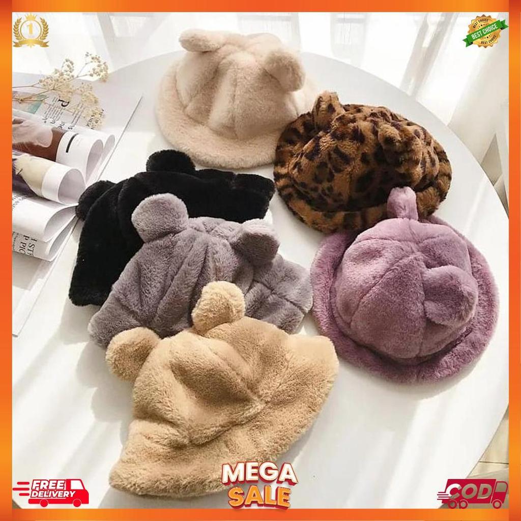 Topi Bucket Bulu Beruang Telinga/Bucket Hat Bulu Lembut Hewan [K2]