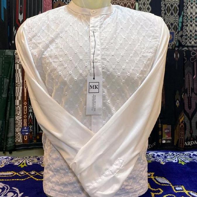 MK Kemeja Koko Slimpit Pria Muslim Kinaro Putih Polos Motif Brukat Elegan dan Nyaman