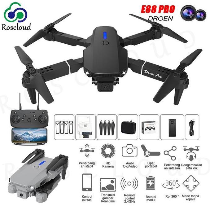 Roscloud Drone E88 Pro,  pesawat tanpa awak quadcopter dengan kontrol jarak jauh kamera tunggal dan 