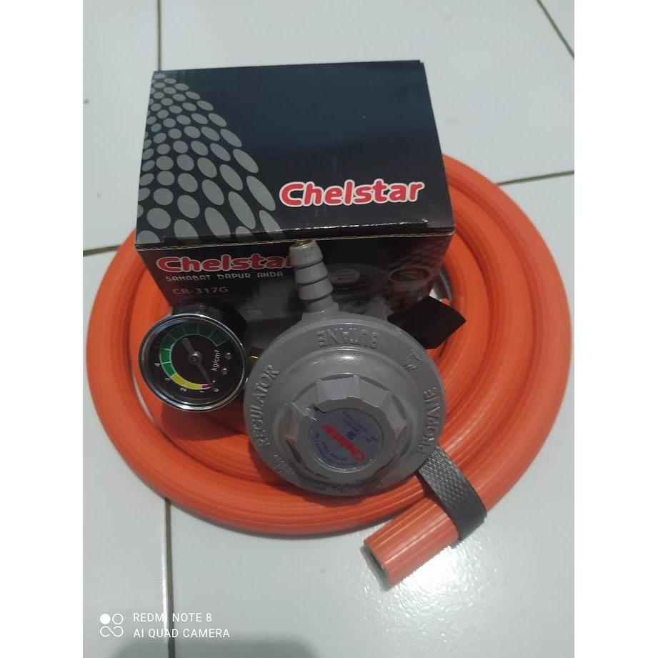 Regulator Matic CHELSTAR CR 317 G Selang gas LPG 700 PSI Orange Hitam Putih