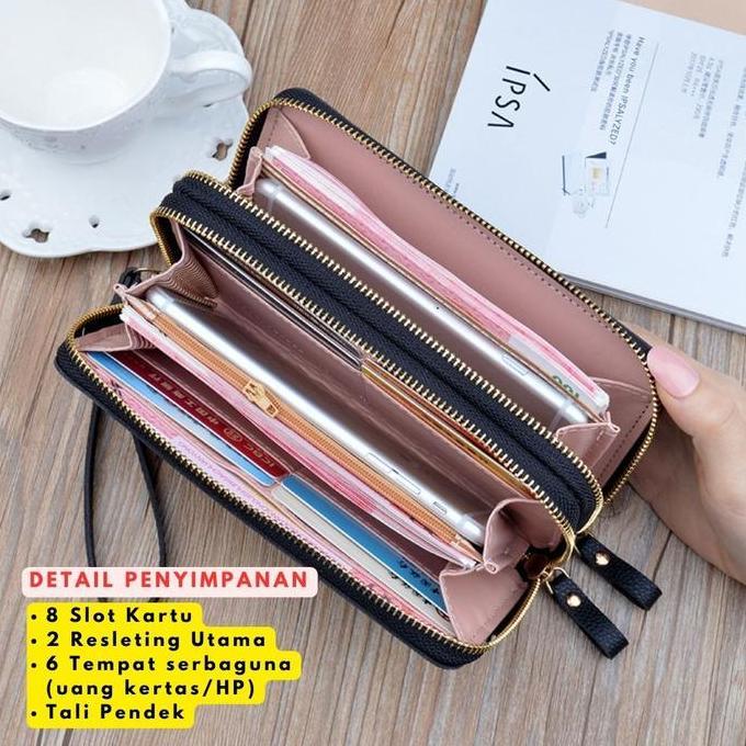DOMPET PANJANG WANITA 2 RESLETING PREMIUM SERMAI HITAM KULIT PESTA  KOREA TALI BATAM MURAH ABG