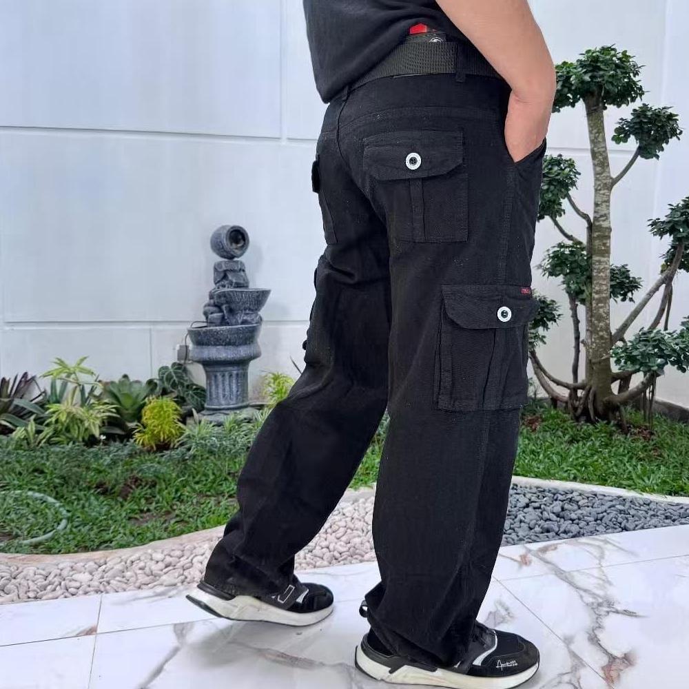 WAJIB PUNYA Long Cargo Pants Jeans Pria Loose Fit  Nstrech Regular Cargo Jeans Denim Black Sandwash 