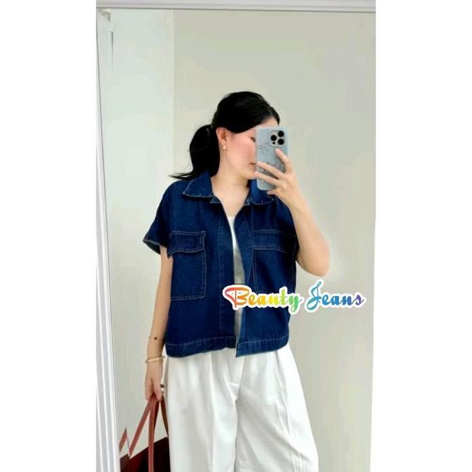 PR0M0 Jaket Rompi Jeans Cassandra Oversize Jacket Denim Wanita Tanpa Lengan Outer Blazer Kekinian Ld
