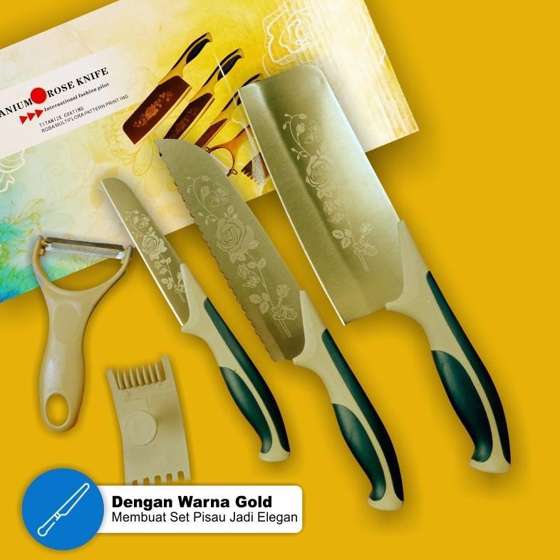 PROMO TERBARU Pisau Set 5-in-1 Gold Motif Bunga Stainless Steel Tajam / PISAU SET GOLD / PISAU