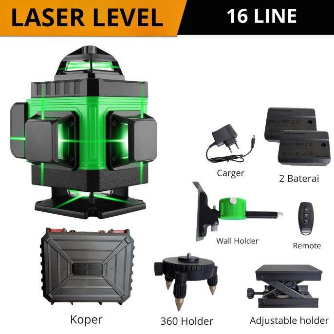 CHIYAQU Boos Laser Level 16 Line Self Leveling laser level hijau 2 baterai