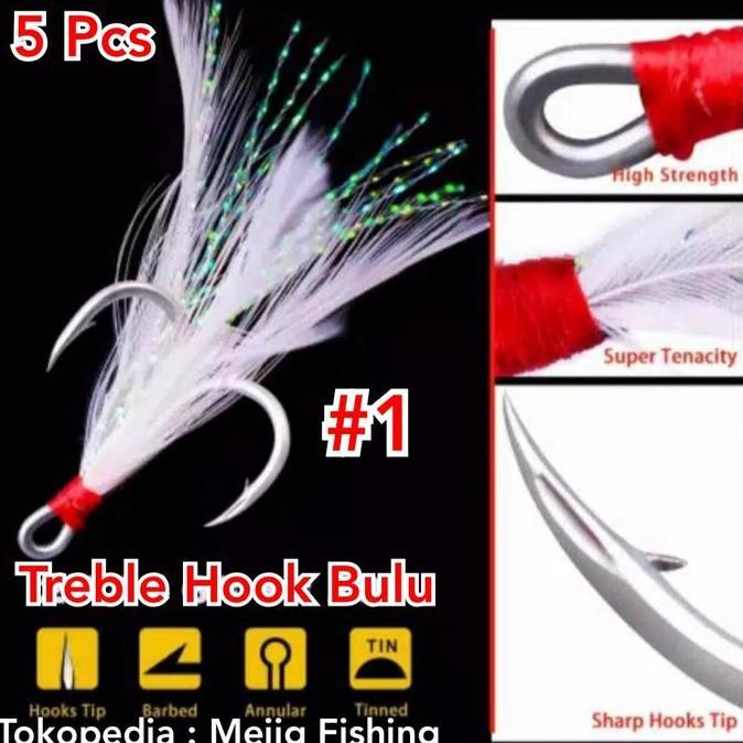 Treble Hook Bulu No.1 Untuk Jig 60gr 80gr Spoon Lure 40gr 60gr terlaris