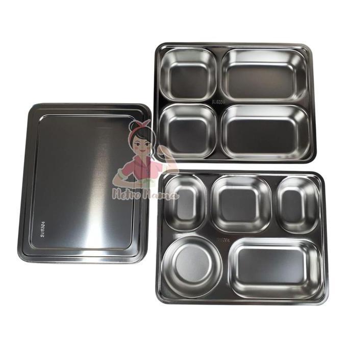 Tray Wadah Tempat Makan Stainless 4 & 5 Sekat 6Cm 304 Ompreng Tebal Tutup Plastik Stainless Catering