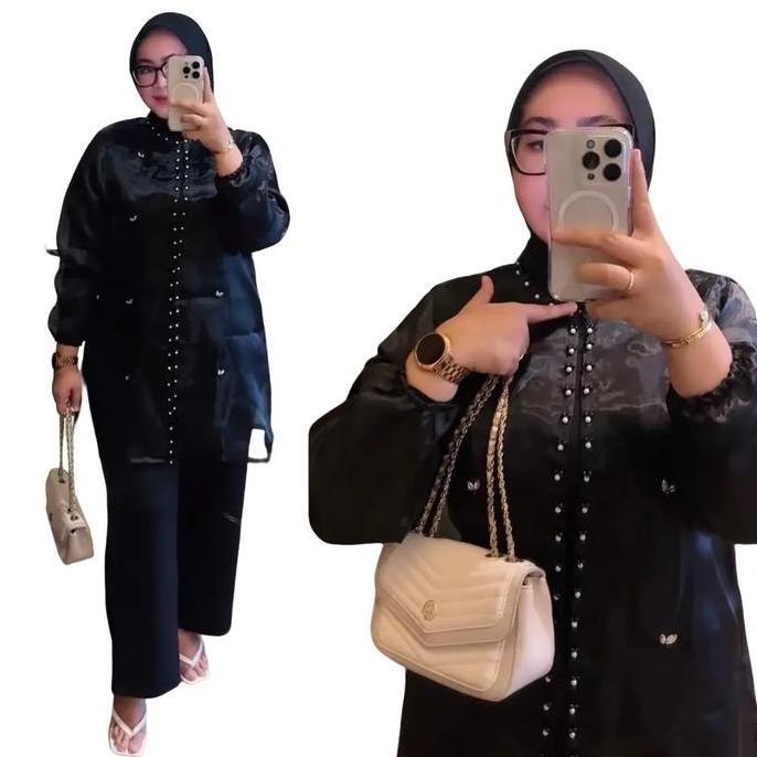 Outer Kondangan Organza Jumbo Ld 120Cm Cardigan Muslim Panjang Wanita Dewasa Oversize Baju Kardigan