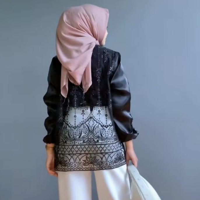 Atasan Zaina Outer Crop Brukat Organza Outer Brokat Sapto Baju Kondangan  Wanita Hitam Kardigan Oute