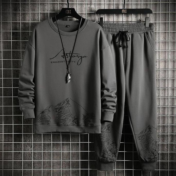 STELAN  RETTV  - satu set baju + jogger Panjang Sweater Polos Crewneck Pria Hitam Cowok Keren
