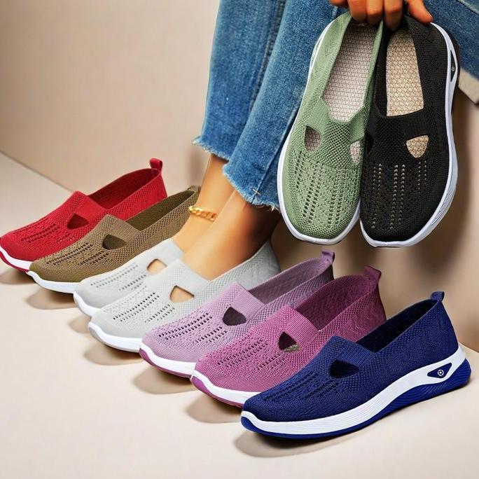 SOLWAY [14 Warna] Sepatu Flat Wanita Rajut Slip On Tahan Air Berpori Sol Karet Anti Slip || Jalan Sa