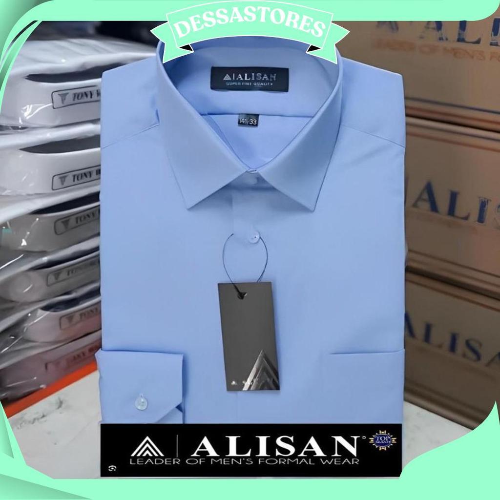 Kemeja Formal Pria Polos Alisan Biru 2/Sofblue/Birumuda Krah Berdasi Slimfit Lengan Panjang - Casual