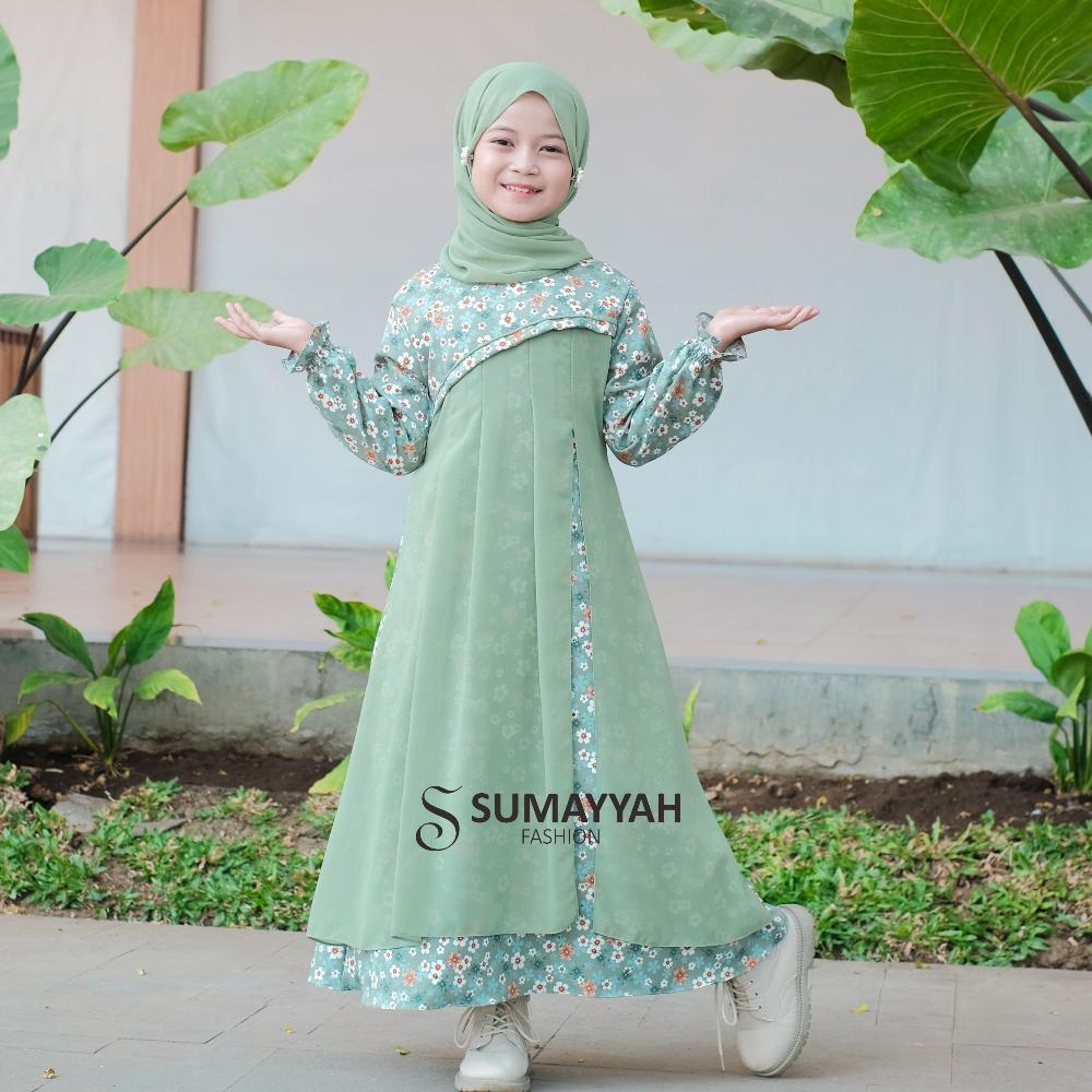 murah sumayyah- gamis anak set hijab pashmina shakila motif bunga mix ceruty babydoll usia 3-10 tahu