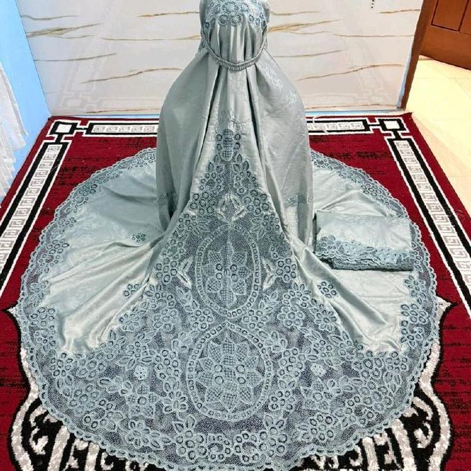 mukena kerancang bunga punggung manual full mesin hitam Mewah (hijau telur asin)  Bawahan Atasan Mus