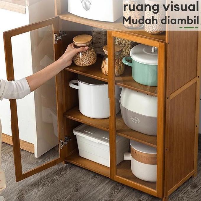 Promo Lh-Lemari Dapur Bambu Rak Penyimpanan Dapur Serbaguna Rak Kabinet Dapur Dengan 4 Pintu Transpa