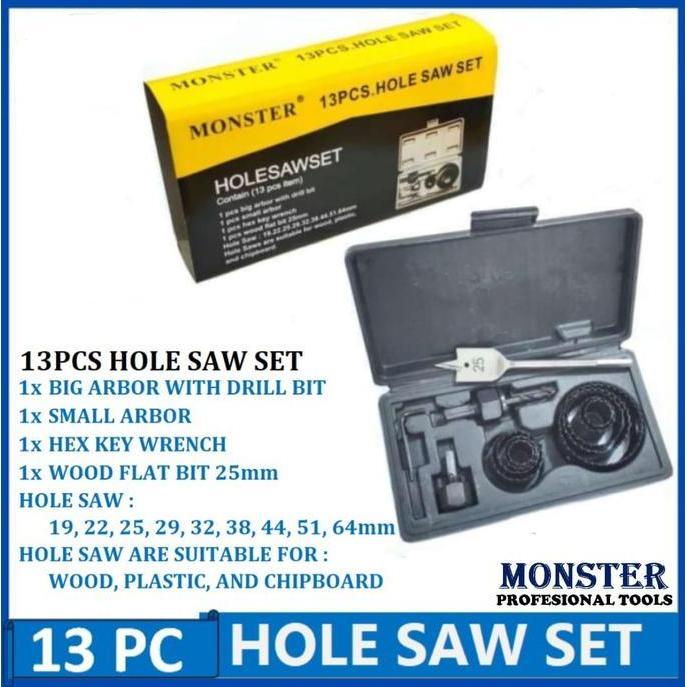 Soon- Monster Professional Tools 13 Pcs Hole Saw Set Mata Bor Pelubang 19 Mm ~ 64 Mm Untuk Kayu & Pv