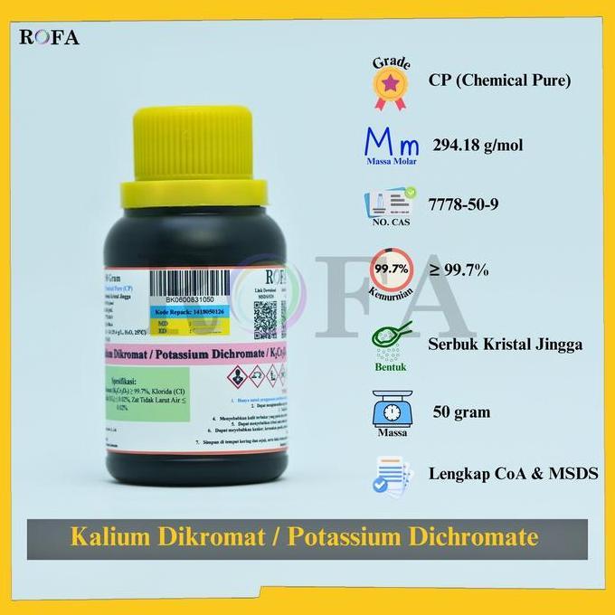 BERKUALITAS - ROFA Kalium Dikromat / Potassium Dichromate / K2Cr2O7 CP 50 Gram