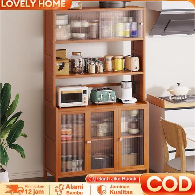 NEW - LOVE Rak Dapur Lemari Dapur Rak Dapur Kayu Lemari Piring Kabinet Rak Oven Microwave Serbaguna 