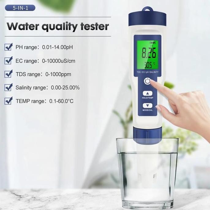 YOUWESTLA Alat Ukur Kualitas Air Digital 5in1 PH TDS EC Meter Pen