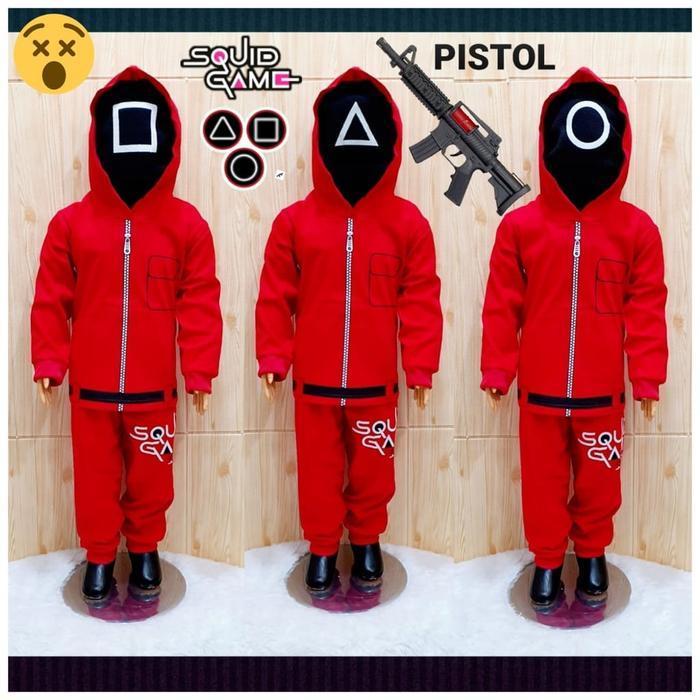 Bisa Cod - Kostum Baju Anak Squid Game Free Topeng Dan Tembakan Anak Mainan