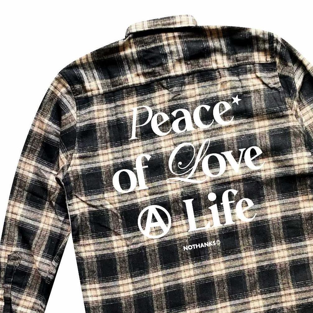 Cuci Gudang Flanel Nothanks Peace Love Veterano Brown Black Kemeja Pria Wanita Distro Clothing