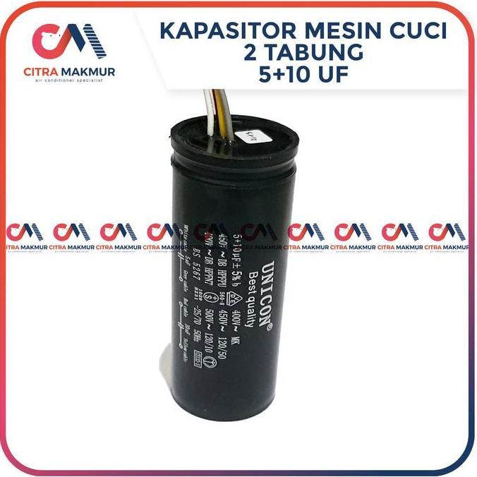 KAPASITOR MESIN CUCI 2 TABUNG 5 UF DAN 10 UF CAPASITOR 4 KABEL 5+10 PROMO